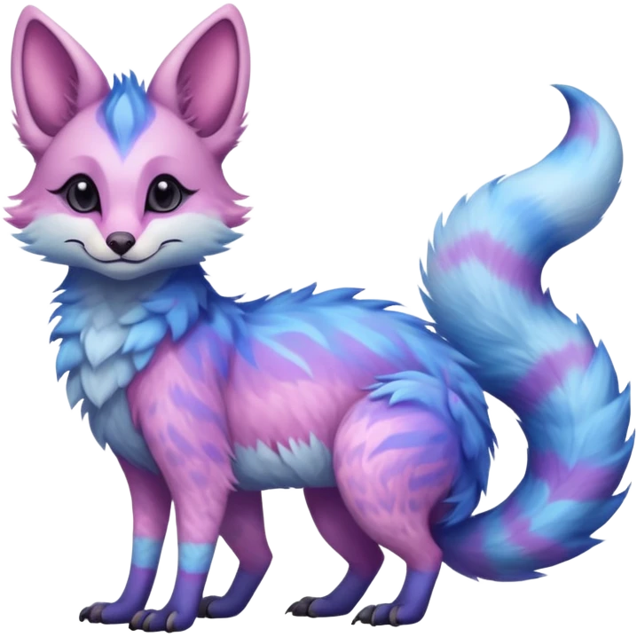 Feral Rare Fantasy   pastel cotton-candy pink-blue-purple gradient fluffy fur Vernid-Sergal-Genet-Trico-species by LiLaiRa, random markings, tufted tail, tufted ears, full body emoji
