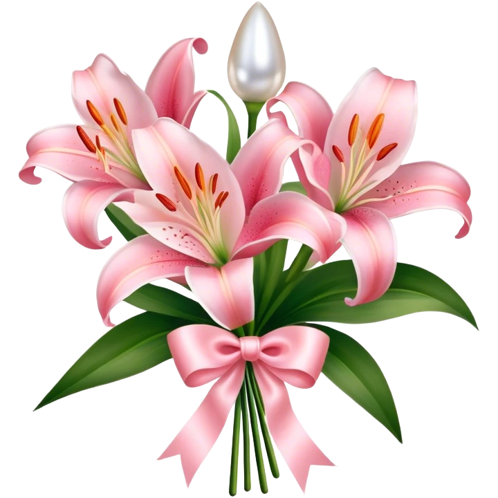 Shell Pink color lilies bouquet and silk ribbon of pearl pink color emoji