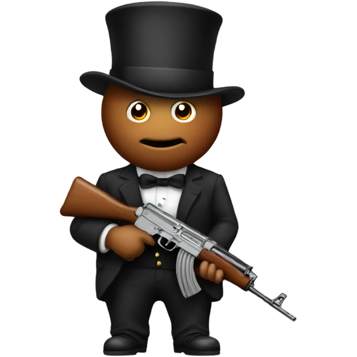 A meatball holding an ak47 with a top hat  emoji