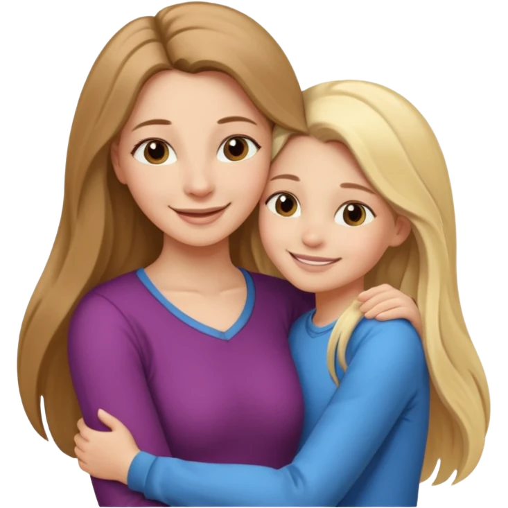 A beautiful mother with long brown hair hugging her cute 12yr old blonde hair daughter super happy emoji