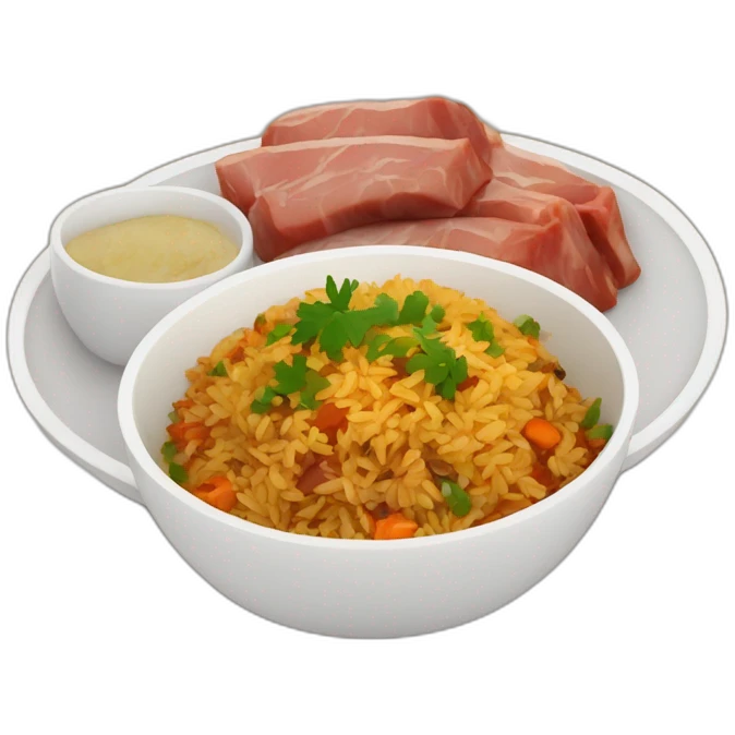 a bowl of Uzbek pilaf with brown pieces of meat on the plate emoji