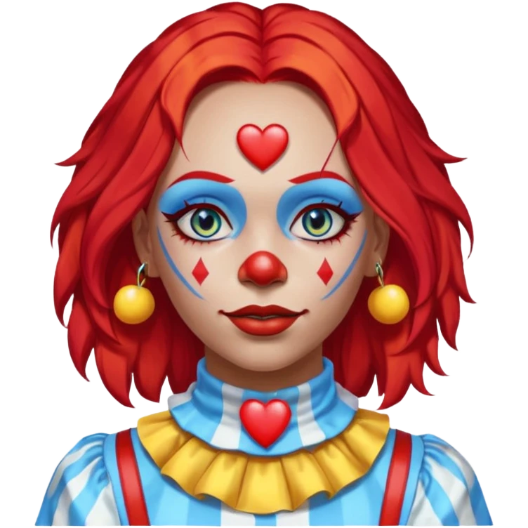 wendy thomas  the clown from gta rp nopixel she has a blue sun on covering right eye with three yellow lines below her right eye and above her left eye. she has long bright red hair and light blue eyes with a heart choker emoji