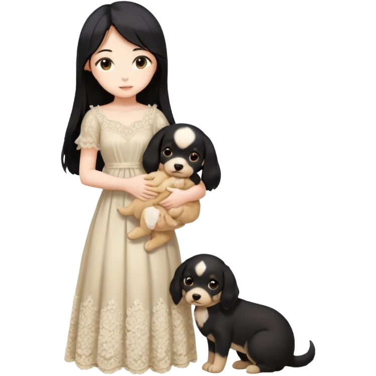 Pastel anime lady long hair with long lace dress full body holding puppy emoji