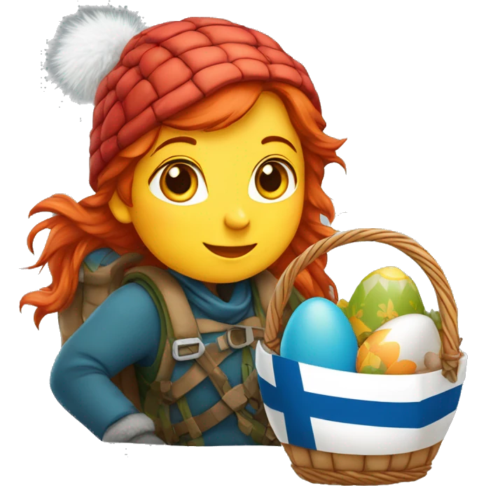 red hair female winter mountaineer climbing with Easter eggsbasket and Greek flag emoji