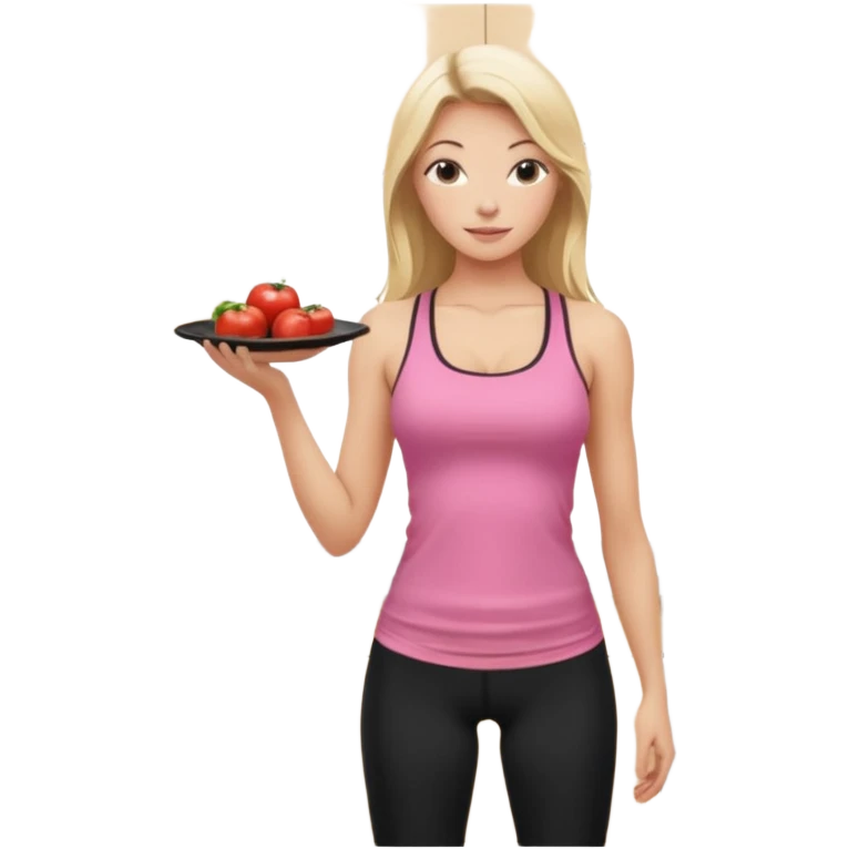 Render from knees up, view from the back, fair skinned woman, thin, long blond hair, cooking dinner in kitchen, pink loose tank top, showing natural B cup breast shape SFW, black yoga pants, perfect booty emoji