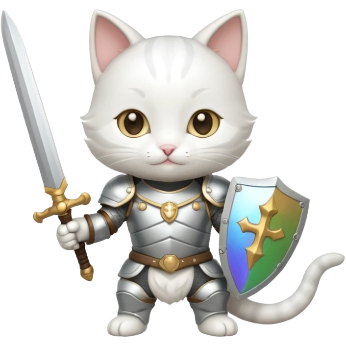 baby chibi white cat in silver armor, full body, smile, hold sword emoji