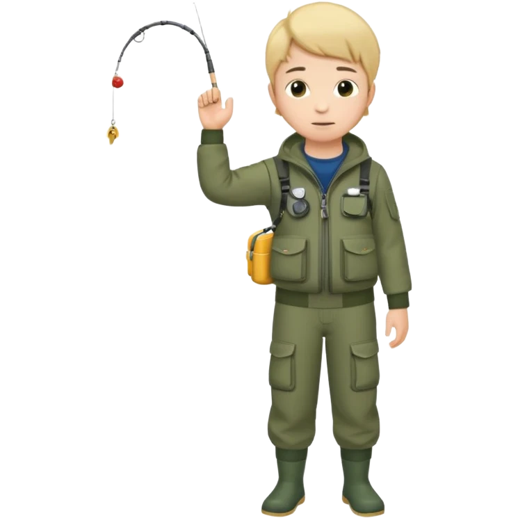 Boy in fishing suit looking at his wristwatch, full body emoji