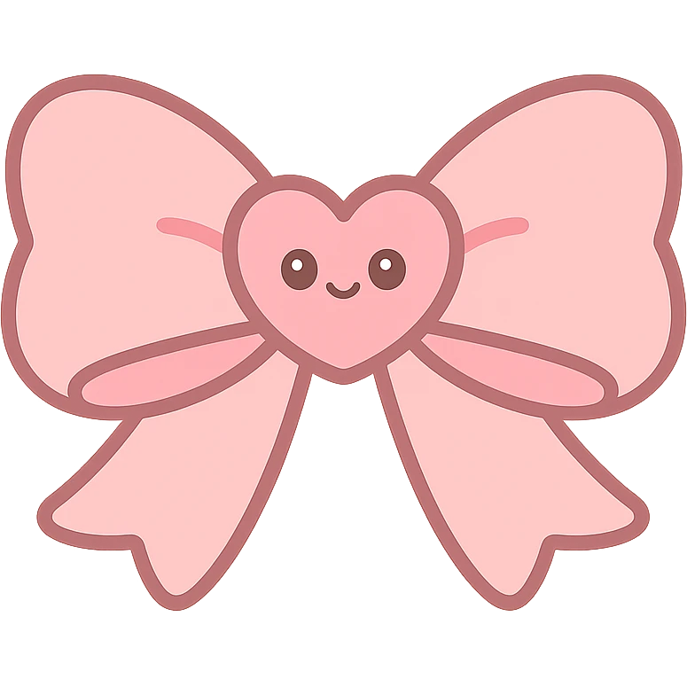 dainty pink bow in coquette style, heart in the middle, soft and whimsical, kawaii style emoji