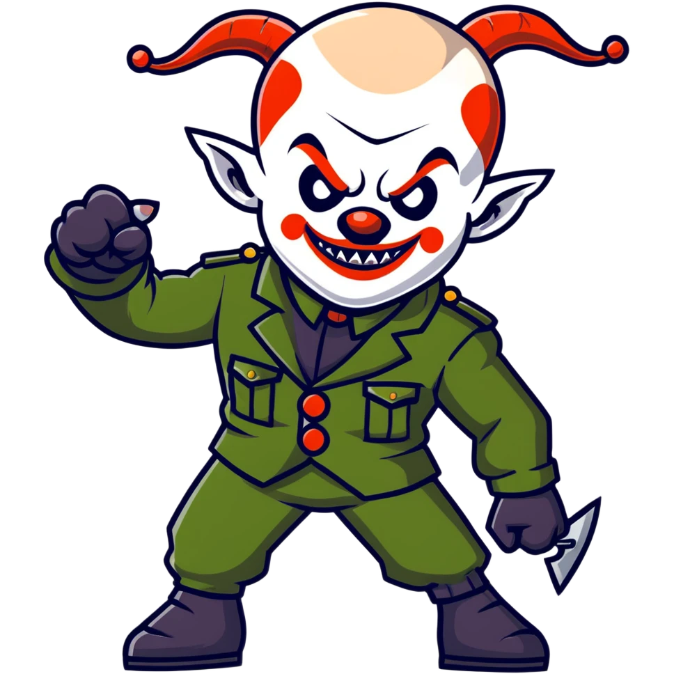 evil clown warrior, bald, short goat-like horns on forehead, fangs, pointed ears, black and military green leisure suit, battle-ready fighting posture emoji