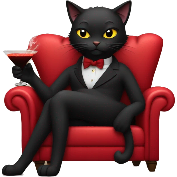 black cat wearing a boa laying down on a sultry red couch smoking a cigarette with a martini  emoji