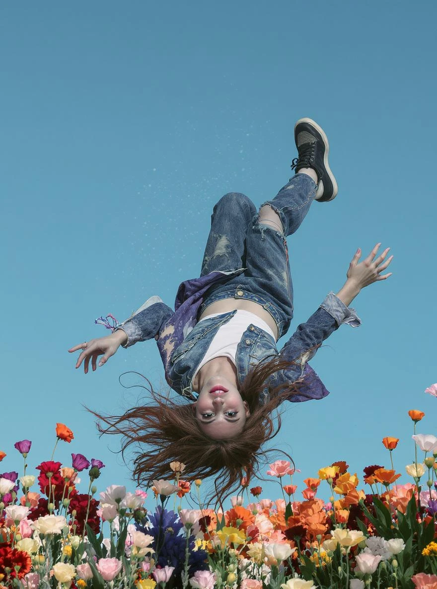Cinematic still of a woman falling down around colorfull flowers wearing alternative fashion, blue sky minimalistic background emoji