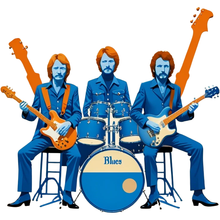Icon for Blues Rock: collage of the band Cream, with silhouettes of the members (Eric Clapton, Jack Bruce, Ginger Baker) and symbolic items like guitars, drums, and bass. The design should convey the powerful, energetic vibe of the band's music. Transparent background. emoji