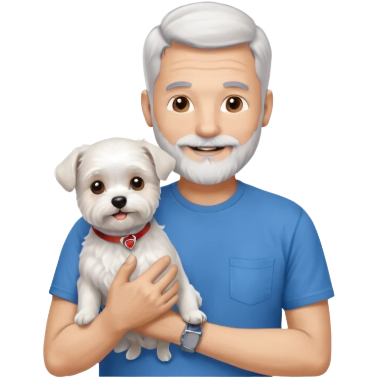 handsome gentleman, 60 years old, crew cut silver hair, full beard, wearing a blue t-shirt, smiling and holding a maltese dog emoji