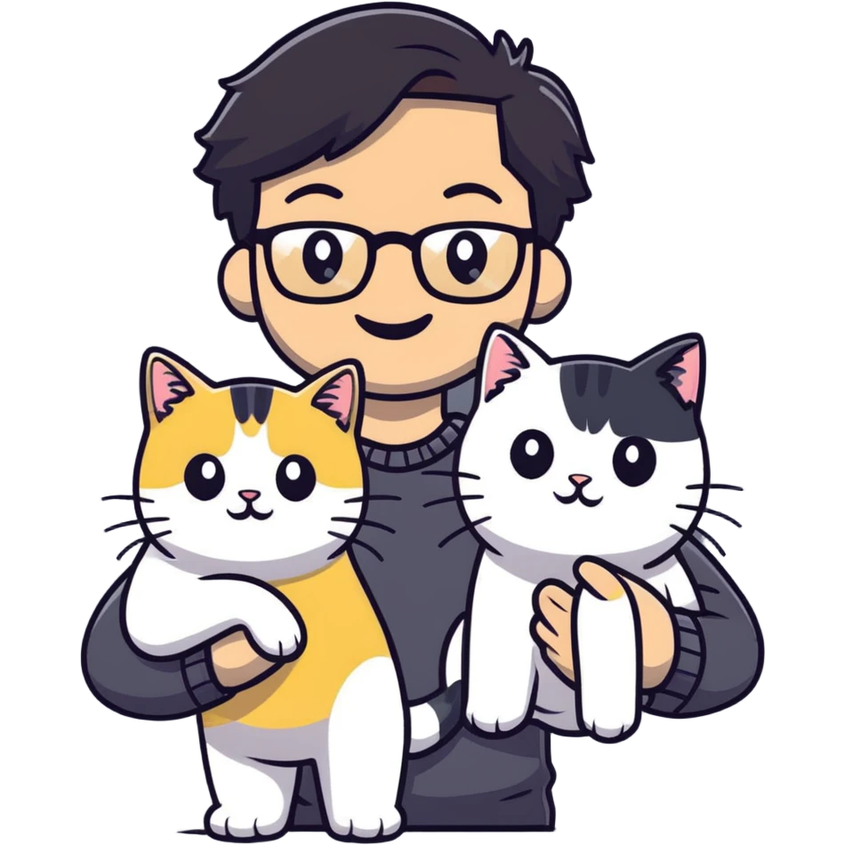 Young man with warm yellow-toned skin, long face, black back-length hair, large eyes, thin-rimmed square glasses, smiling gently while holding a grayish-white Munchkin cat with short legs and a gray patch under its mouth emoji