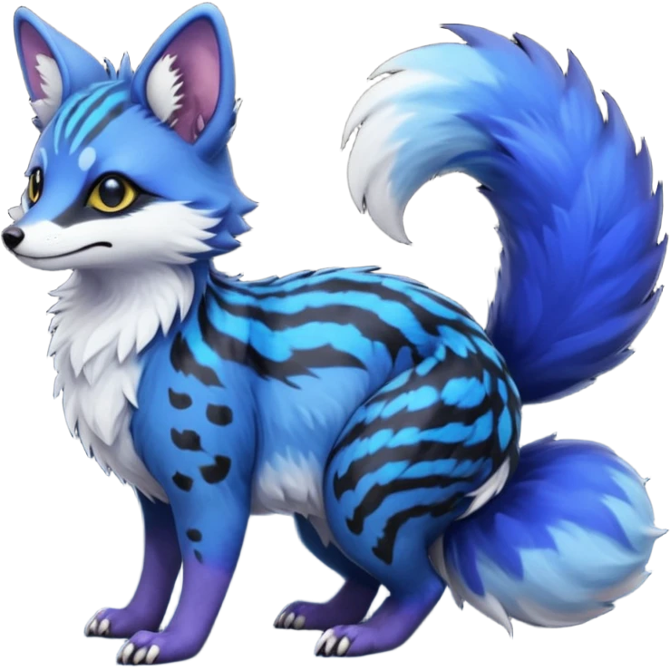 Feral cute hyper-realistic chubby floofy fluffy puffy furry Rare Fantasy vibrant dark shady shaded detailed deep-dark-cobalt-blue-gradients-colored colorful Vernid-Sergal-Genet-Trico-Fox-species by LiLaiRa, with dark-blackish points, white belly, random markings, tufted tail, tufted ears, full body emoji