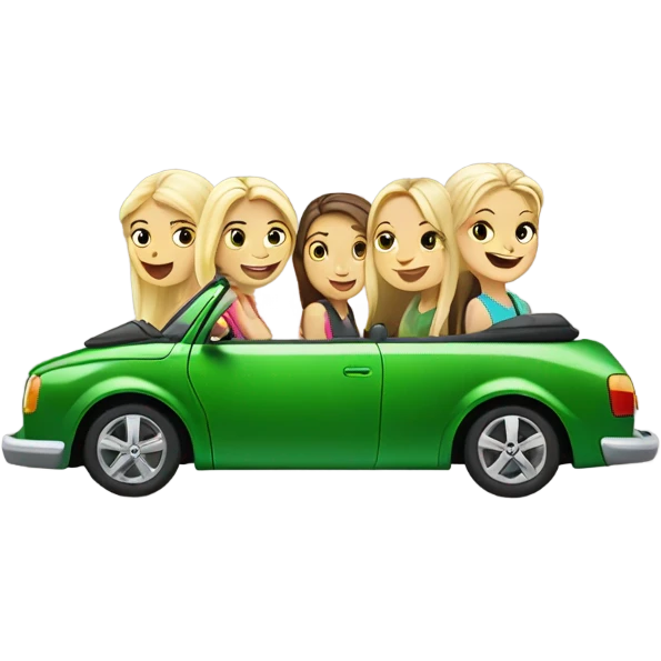 Two Caucasian blonde girls and two Caucasian brunette girls driving a green volkswagen convertible emoji