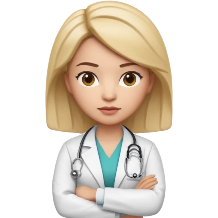 3D memoji style female doctor in medical coat, arms crossed, serious but calm expression, slightly raised eyebrow, professional look, centered, isolated, PNG, transparent background emoji