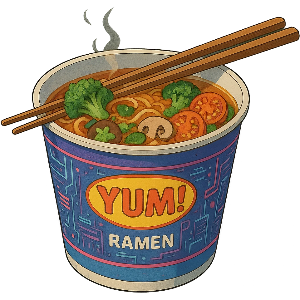 cyberpunk futuristic, scifi, a bowl of delicious veggie , ramen, 1990s, paper cup, classic style branding, with chopsticks, empty background, brand name: YUM! emoji