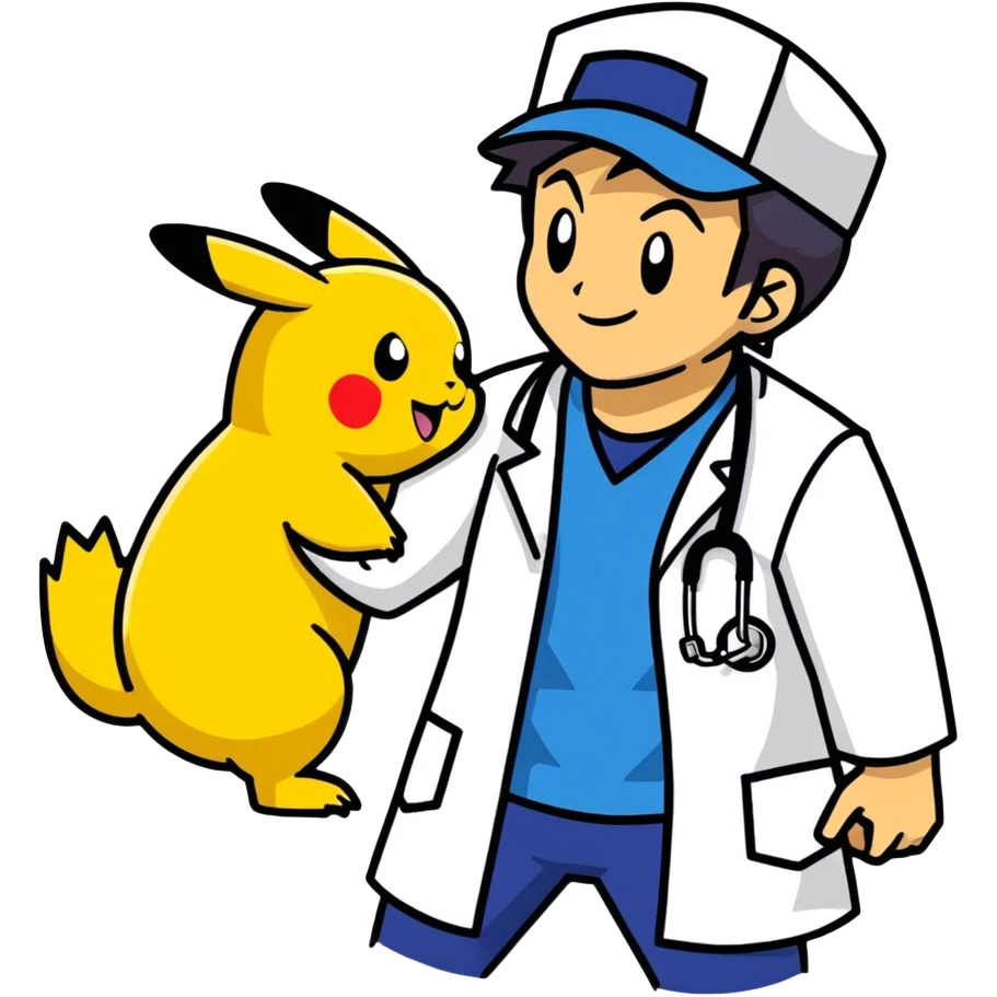 Hot handsomeb muscular 6ft tall smiling happy clean shaven Ash Ketchum playing doctor with Pikachu emoji