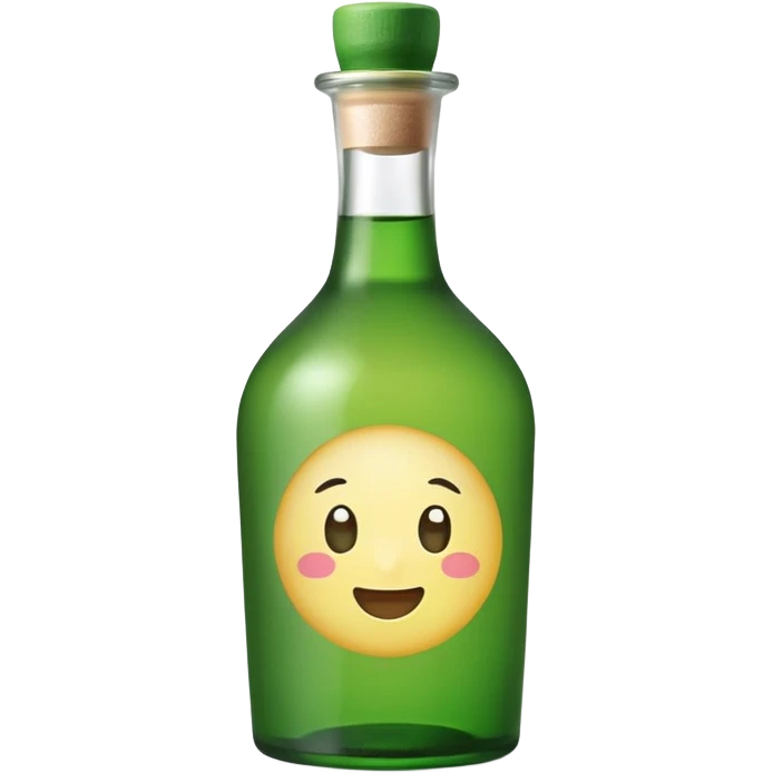 A clean, cute emoji-style green soju bottle, small Korean soju bottle with green glass, simple label in Korean style, minimal flat design, soft shading, centered, white or transparent background, high contrast, rounded friendly emoji look, 1:1 aspect ratio, app icon style emoji