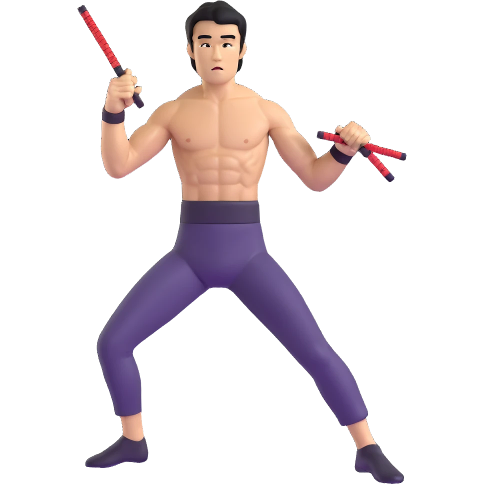 Bruce Lee with nunchaku, martial arts pose, shirtless with toned muscles emoji