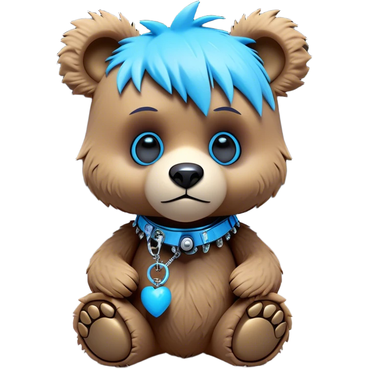 3D, adorable little Pixar style blue neon punk bear with broken toy, ultra detailed, each lash, eye, and strand of fur is shown in stunning detail as though captured in a timeless photograph, rich textures, visually rich, so lifelike it feels like it could leap off the page at any moment emoji