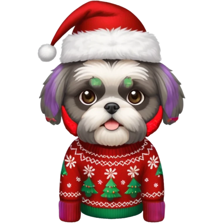dark grey shih tzu christmas sweater and hat emoji