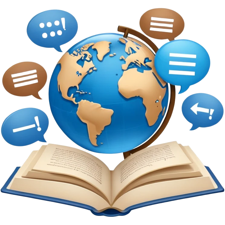 An icon showing a globe surrounded by speech bubbles with greetings in different languages, like 'Hello,' 'Hola,' and 'Bonjour.' The design includes an open book and a quill, symbolizing learning and communication. Transparent background emphasizes global connection through language. emoji