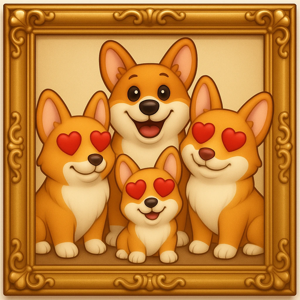 Make the lines and style of the corgi family photo match the 3D emoji look and line quality of the reference image, with smooth, soft shading and a playful, expressive feel. Keep the family photo in a gold ornate frame. The style should resemble the 3D emoji style with smooth and soft shading, playful and expressive. emoji