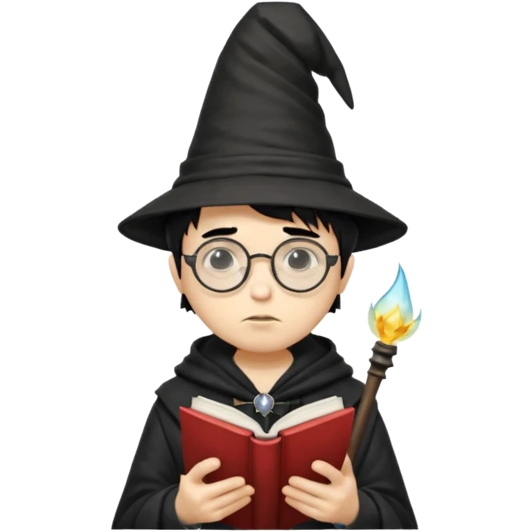 ["A sad boy with light skin, straight hair, wearing a wizard hat and round glasses, dressed in punk fashion, is reading a book while holding a phone."] emoji