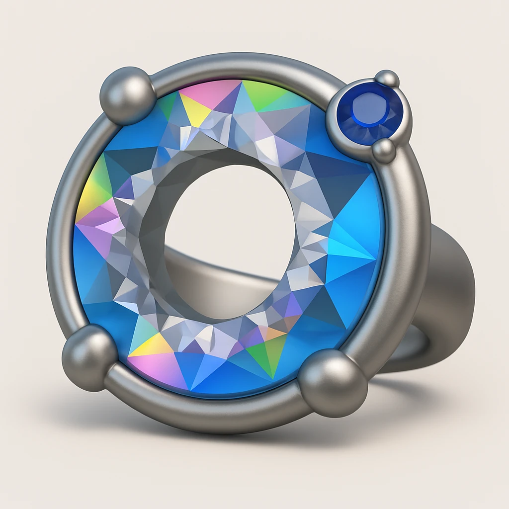 add a small blue sapphire gemstone accent to the silver jewelry setting, keep the 3D emoji style emoji