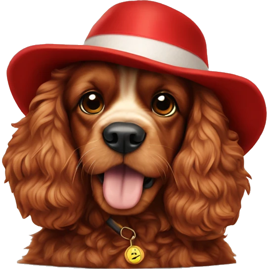 Red fur cocker spaniel in chew year hat. Full lenght emoji