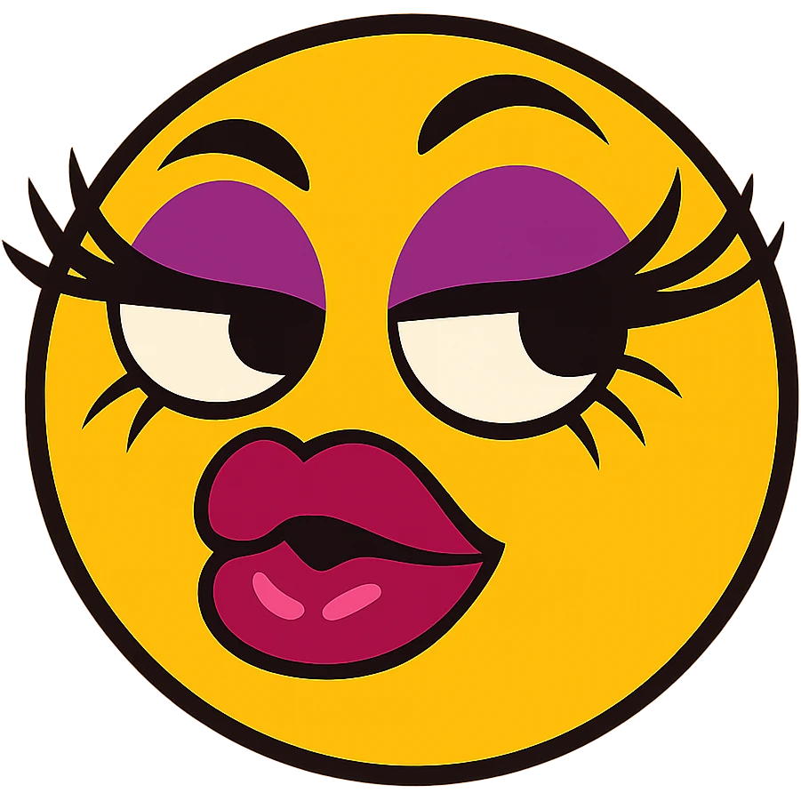 sassy yellow emoji face with long curled eyelashes, thick glossy lips, smirking expression, dramatic eyeshadow, side-eye look, bratty attitude, vibrant toon style emoji