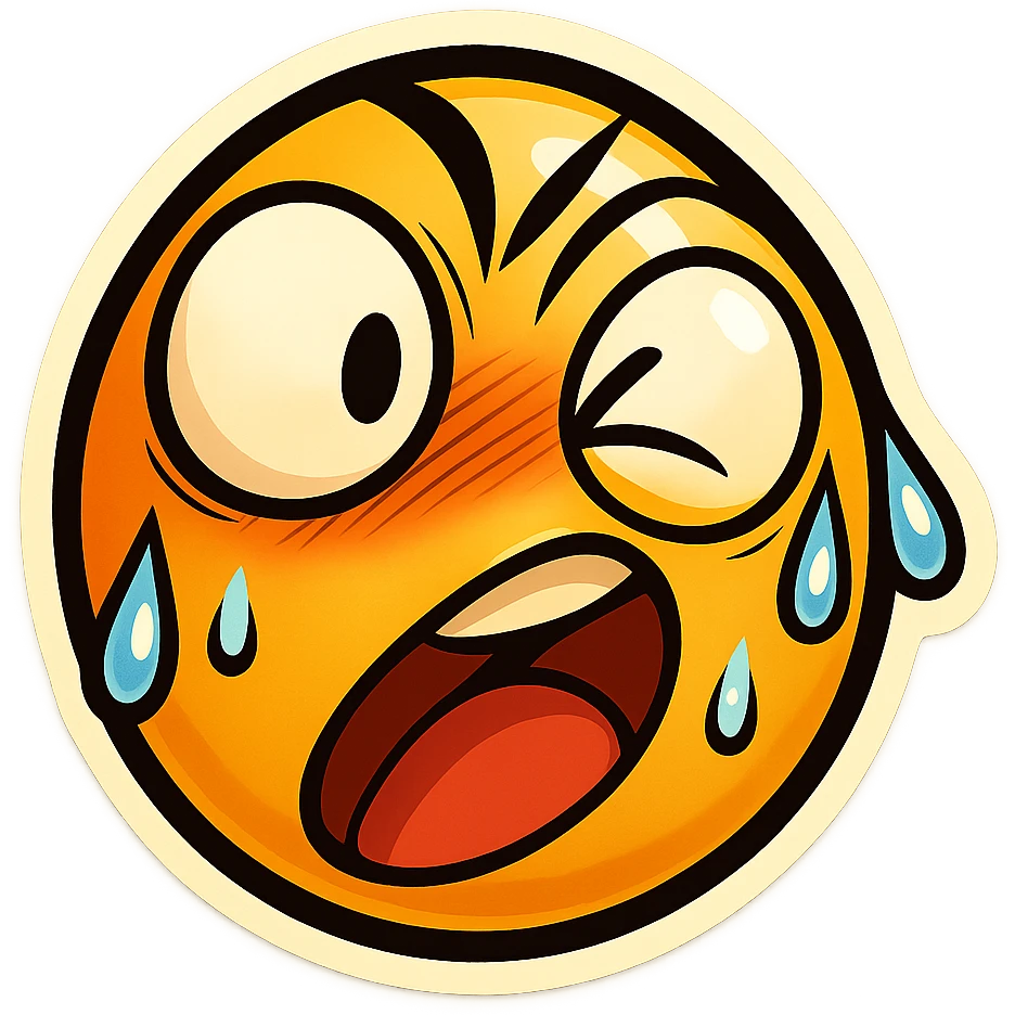 Create a funny emoji inspired by the character's exaggerated, silly, and sweaty expression. Emphasize the wide eyes, tilted head, and sweat drops for a comical effect in a retro stickers emoji style. emoji