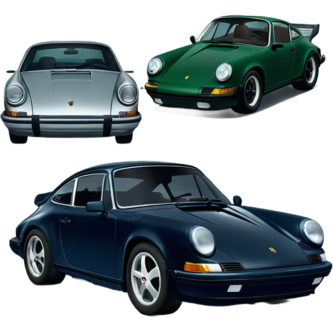 Three CARS porsche 911 cars lined up next to each other all one navy blue one black and one dark green SHOULD ONLY BE THREE CARS AND SHOULD BE LINED UP NEXT TO EACH OTHER emoji