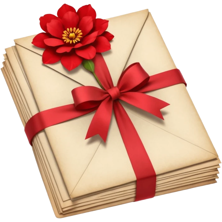 A beautifully arranged Stack of aged letters, tied with a red ribbon, envelopes, corespondence, aesthetic, red flower petals around, mails emoji