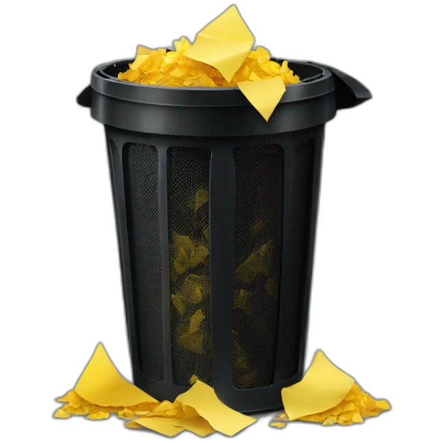 black mesh metal dustbin filled with yellow crumbled papers emoji