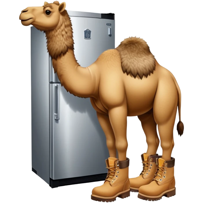 A stainless steel refrigerator with a camel head emerging from the freezer door and camel legs with tan Timberland work boots at the bottom emoji