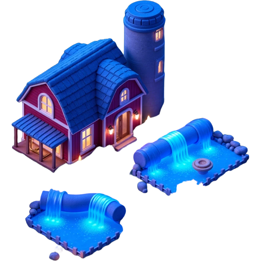 Exterior of a magical farm with glowing blue and purple plants, enchanted pipes pulsing with light, mystical aura around the fields emoji