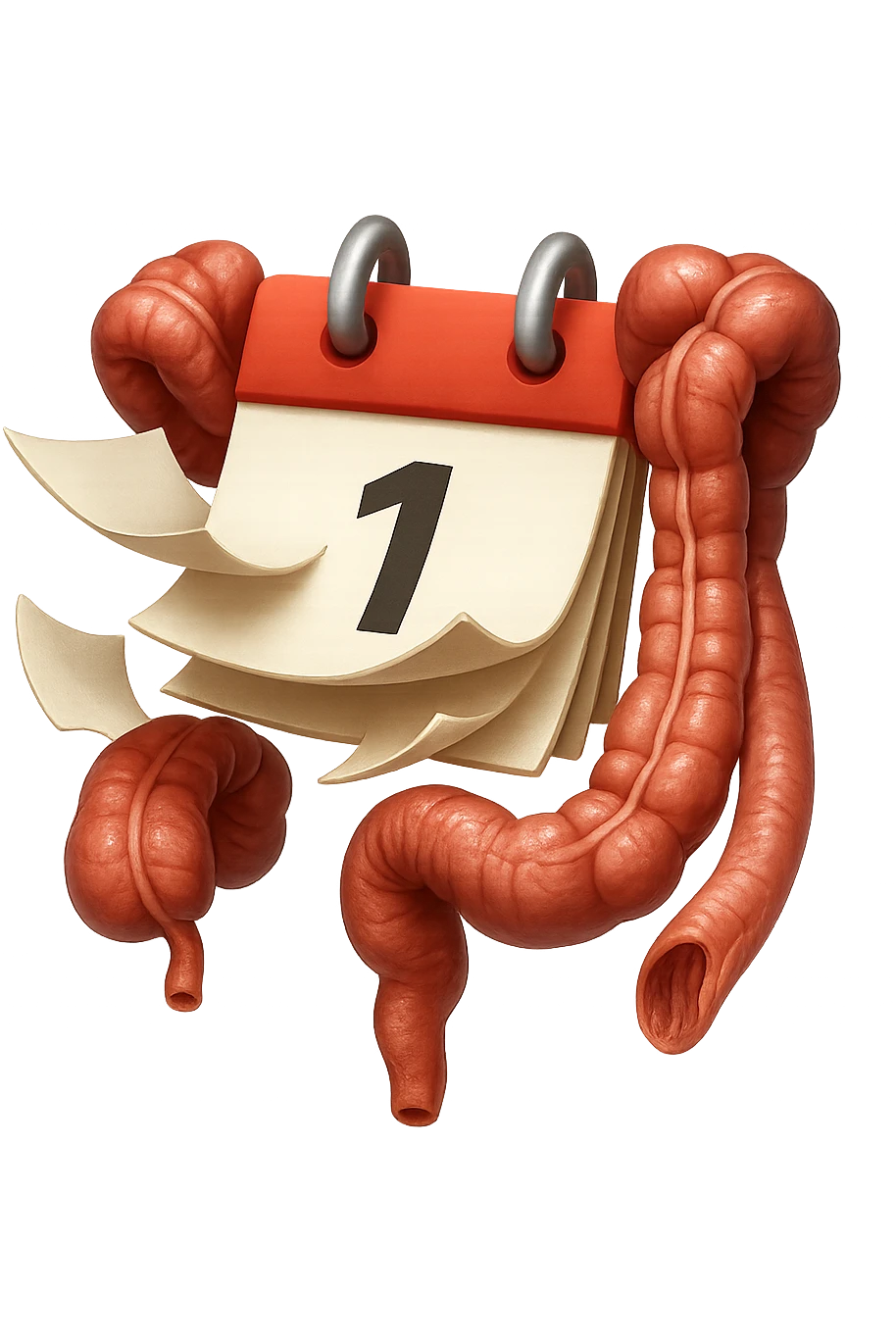 emoji stile iphone di un calendario con fogli che volano insieme a pezzi anatomici di colon umano, iperrealistico 4k, isolato su sfondo bianco emoji