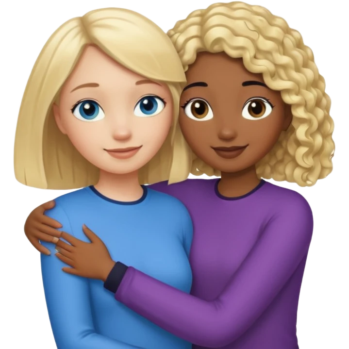 Girl best friends: one taller white girl with straight blond bob and blue eyes, one shorter black girl with long black curly hair, hugging emoji