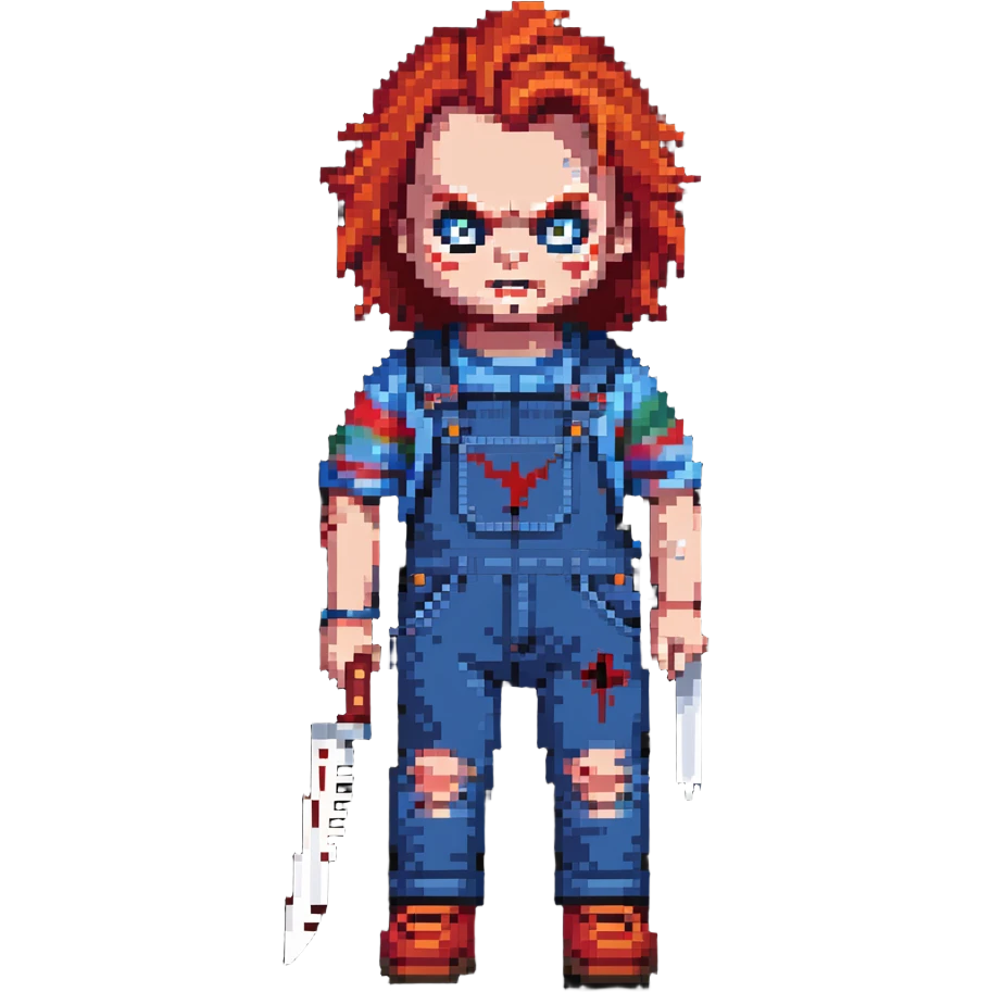 Chucky doll from Child's Play horror movie with red hair, scarred face, blue overalls and a knife emoji