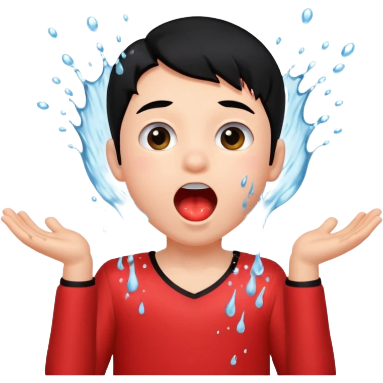 a peach splashing water in boy's mouth above his head with black hair and red dress emoji