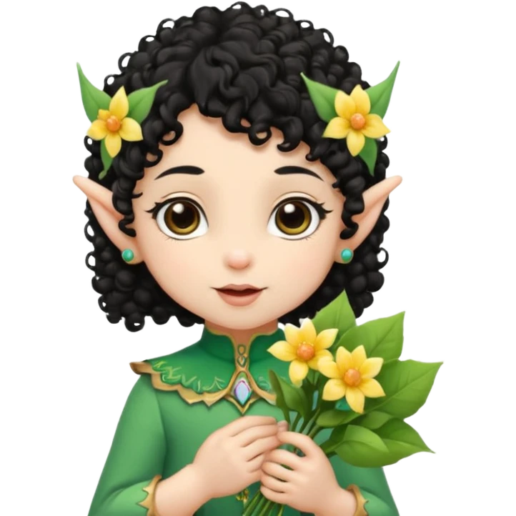baby elf black curly hair with pointy ears, hold flowers emoji