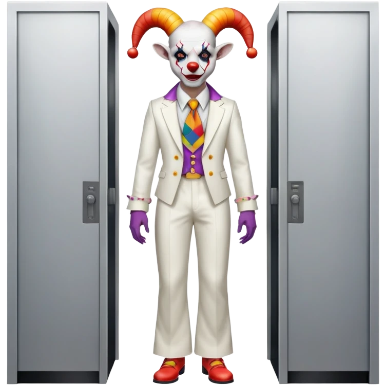 full-body demonic clown in a white leisure suit with bellbottom pants, bald, black ram horns, elevator shoes, flashy belt, ruffled shirt, colorful tie emoji