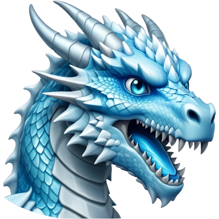 Cinematic Noble Fierce Ice Dragon Portrait Emoji, Poised and imposing, with a muscular, scaled body shimmering in glacial hues of icy blue, frostbitten silver, and crystalline white, breathing out frost, with piercing, glowing eyes that radiate the chilling depths of an arctic storm; rendered in detail. emoji