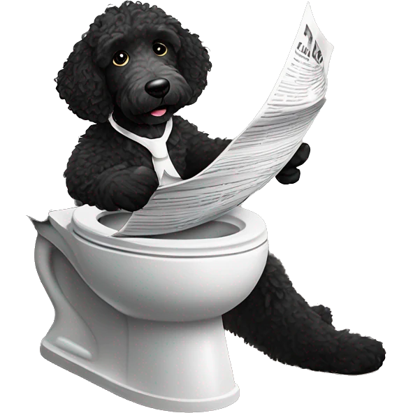 Emoji of a black Labradoodle with white spots on its chin and chest, sitting on a toilet, holding a newspaper in its front paws, looking relaxed and playful emoji