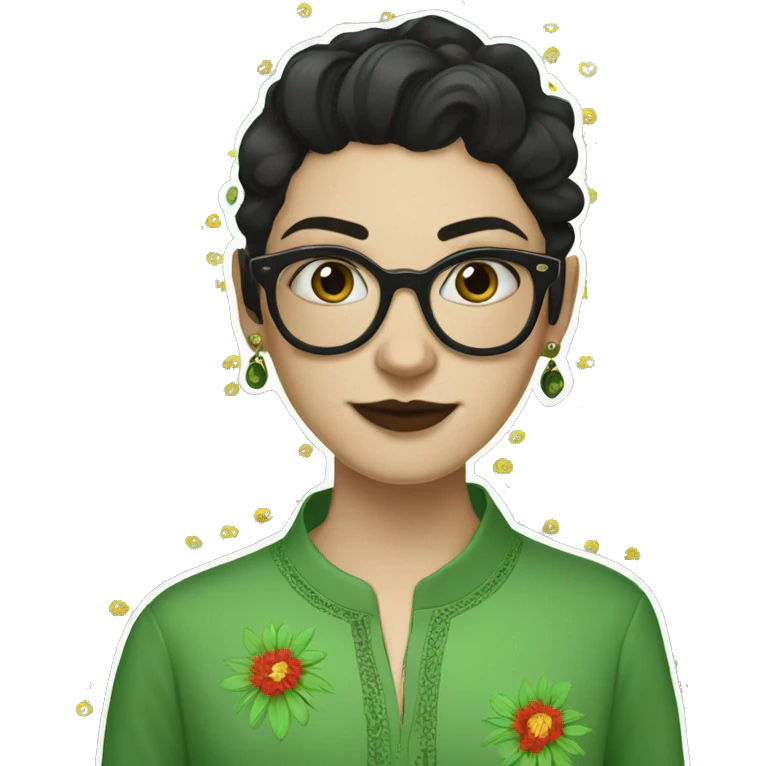 White girl in a green kurta with flower design, glasses, alot of piercing, gay, red lips, nose ring, full body, short straight black edgar hair, emoji