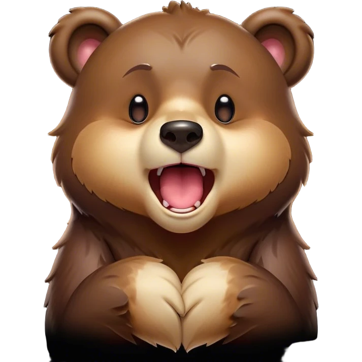 Cinematic Cute Yawning Bear Portrait Emoji, Head tilted slightly with a dramatic, wide-open yawn, showcasing a soft, plush dark brown fur with drooping ears, round eyes barely open in drowsy contentment, Simplified yet irresistibly adorable features, highly detailed, glowing with a soft, cozy glow, high shine, relaxed yet expressive, stylized with a touch of woodland charm, bright and endearing, soft glowing outline, capturing the essence of a sleepy yet affectionate bear, so drowsy it feels like it could lumber out of the screen and curl up for a nap! emoji