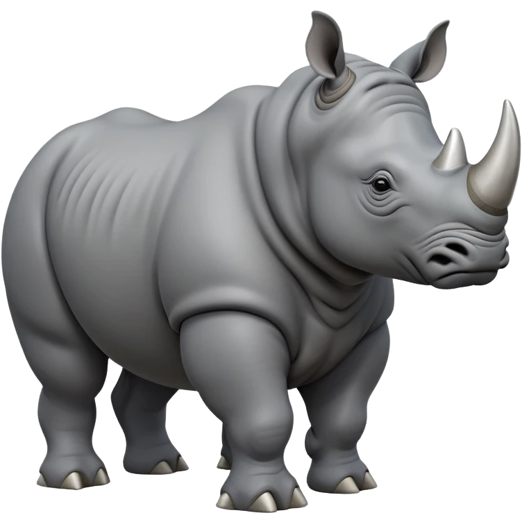 cinematic-rhino-full-body-standing-emoji,slate grey skin -massive-body-poised-powerfully,-thick-horn-curving-slightly-forward,-head-tilted-dramatically,-rough-grey-hide-covered-in-dust,-simplified-focused-features, emoji